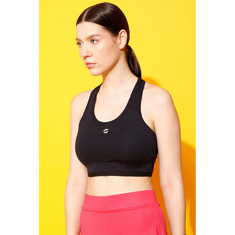 Medium Impact Padded Sports Bra with Mesh Racerback Design in Black