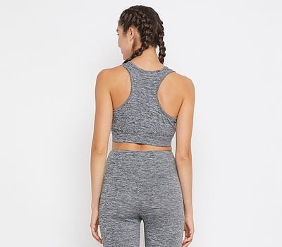 Medium Impact Padded Sports Bra with Mesh Racerback Design in Grey Melange