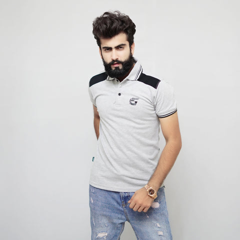 Grey Polo Shirt With Black Panel