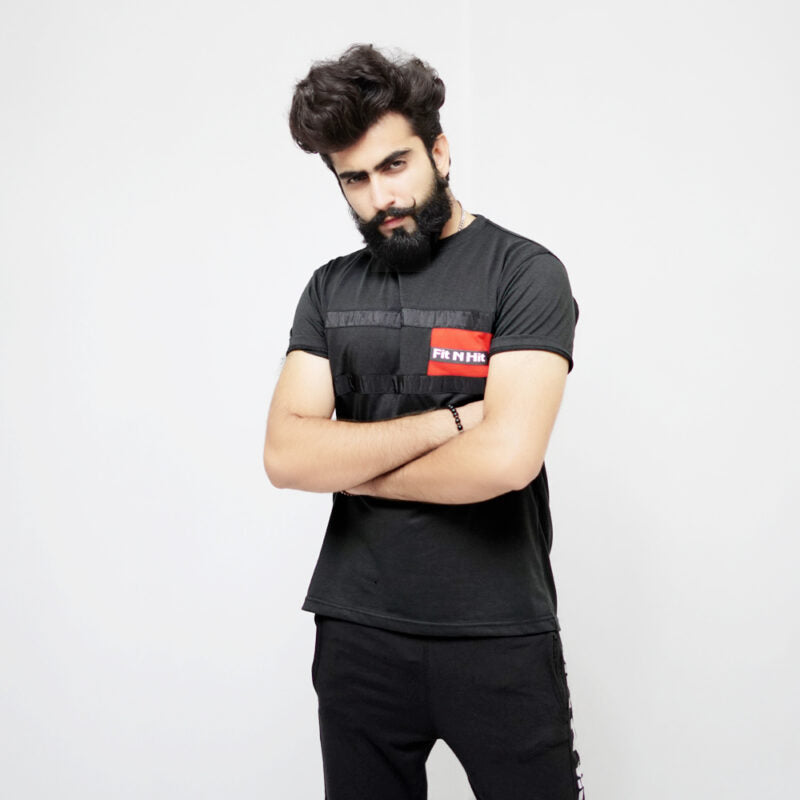 Black T-Shirt With Panel On Chiest