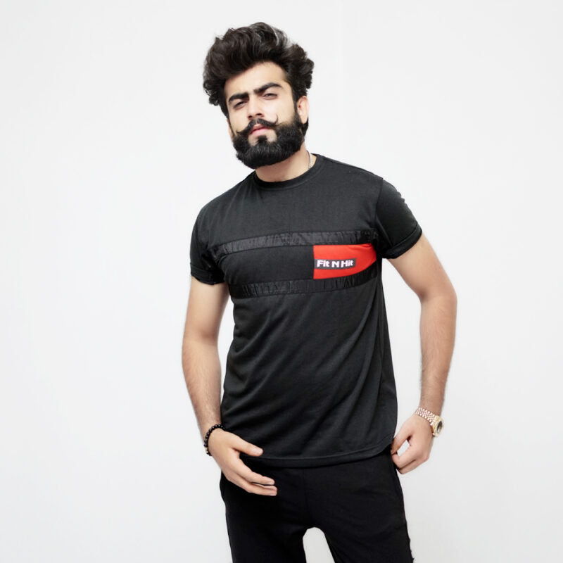 Black T-Shirt With Panel On Chiest