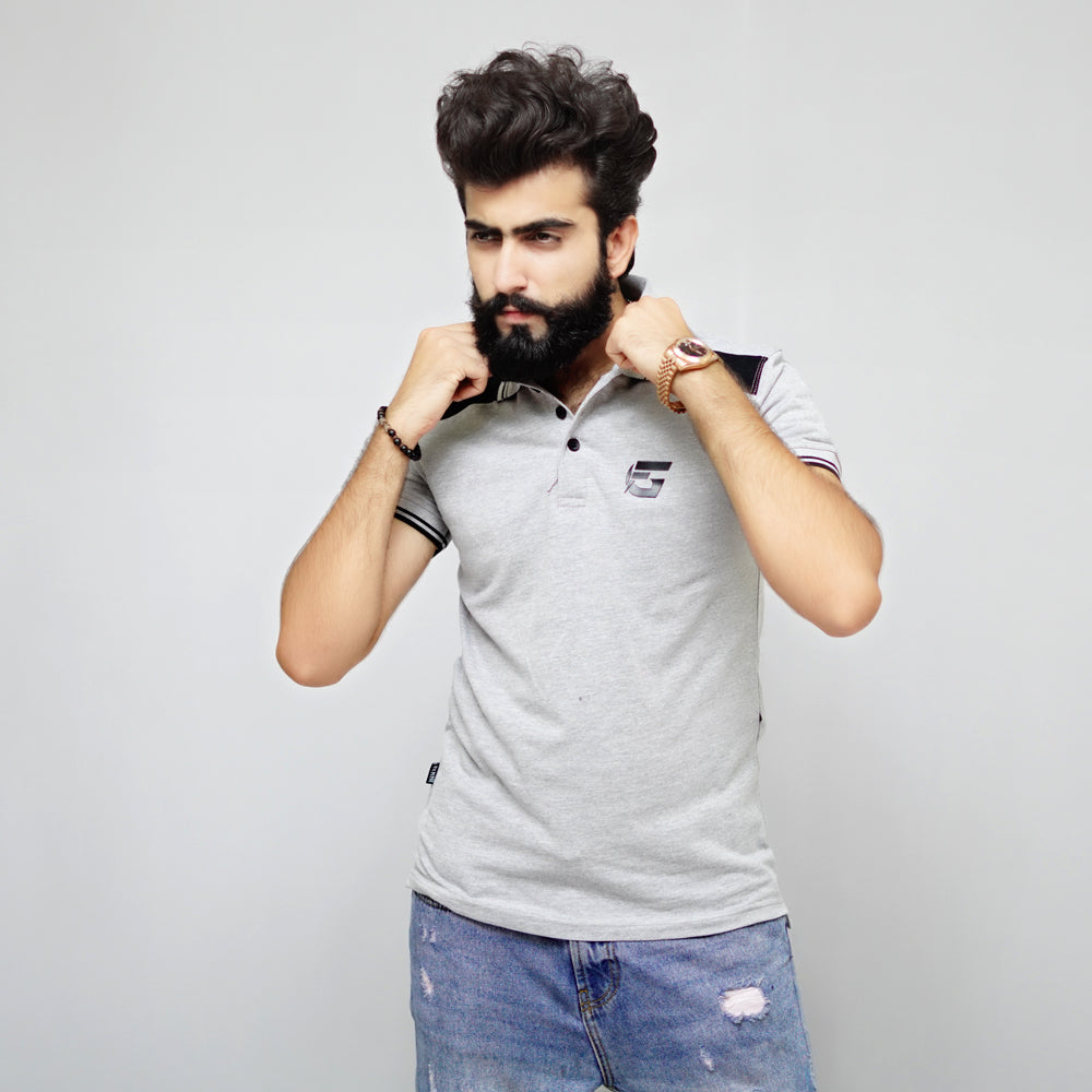 Grey Polo Shirt With Black Panel