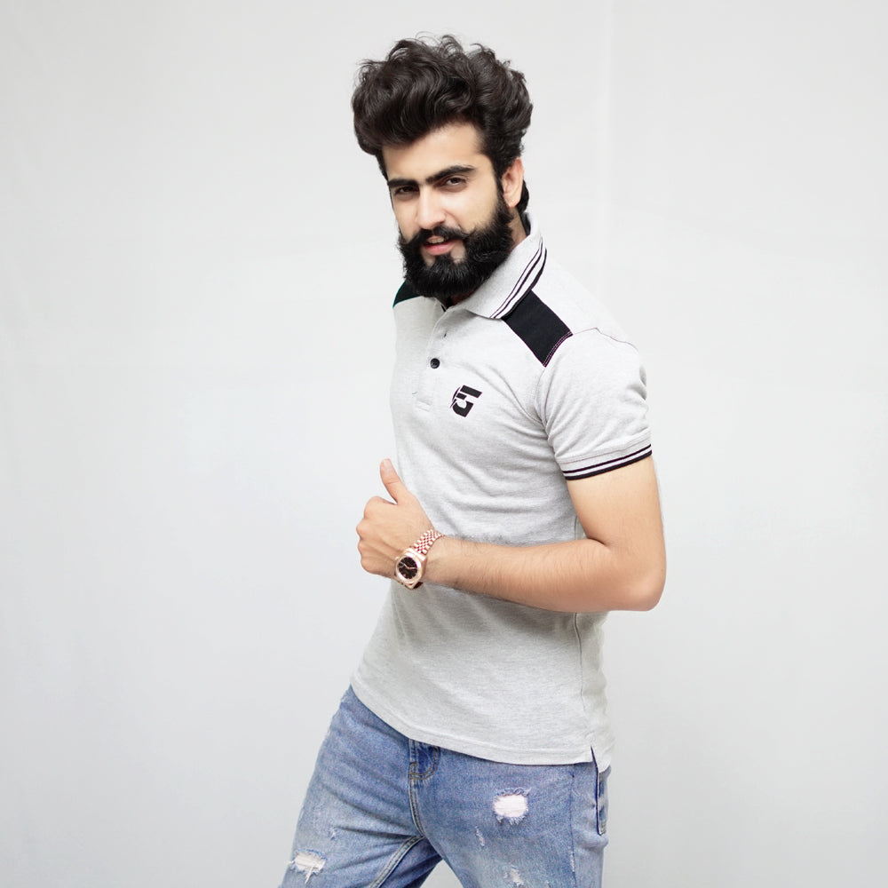 Grey Polo Shirt With Black Panel