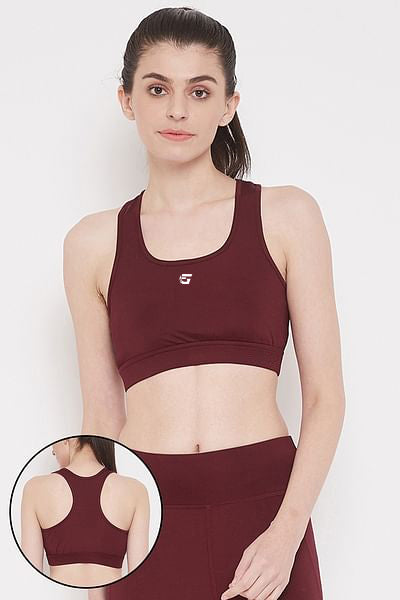 Medium Impact Padded Sports Bra with Removable Cups in Maroon