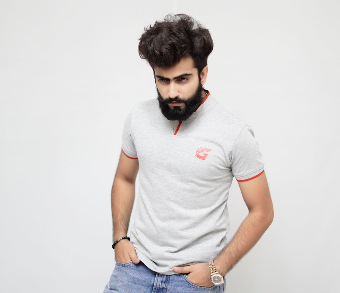 Grey Polo Shirt With Rubber Logo on Chiest