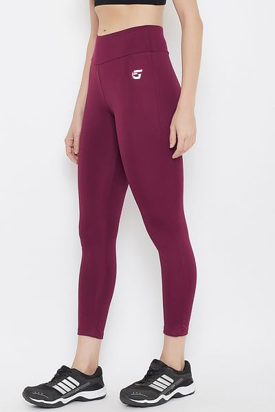 Activewear High-Waist Ankle-Length Leggings in Burgundy