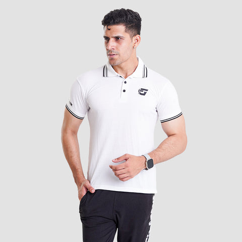 White Polo Shirt With Black Striped On Collar