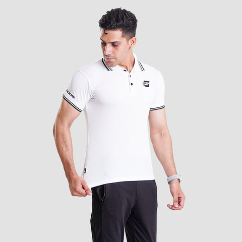 White Polo Shirt With Black Striped On Collar