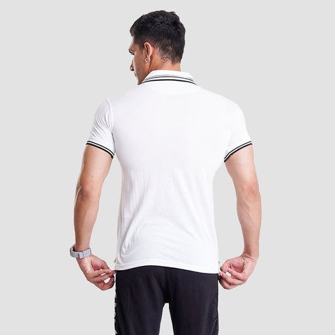 White Polo Shirt With Black Striped On Collar