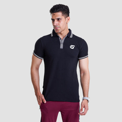 Black Polo Shirt With Striped On Collar