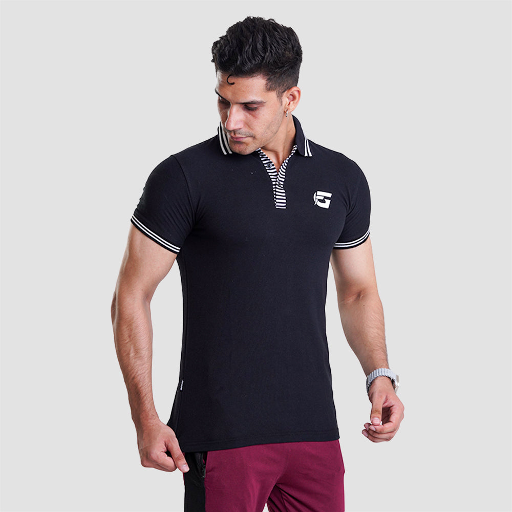 Black Polo Shirt With Striped On Collar