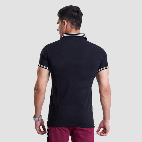 Black Polo Shirt With Striped On Collar